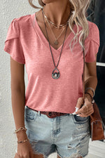 Pink V-neck T-shirt with flutter sleeves paired with distressed denim shorts, sizes bust hem