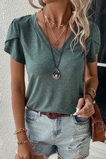 Sage Green V-Neck T-Shirt with Flutter Sleeves and Layered Necklaces in Sizes Bust Hem