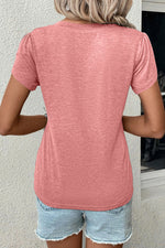 Salmon-pink V-neck t-shirt with short sleeves, available in multiple sizes bust hem