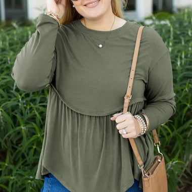 Mist Green Plus Size Thermal Knitted Babydoll Flare Top - Mist Green / 1X / 93% Viscose + 7% Elastane - Plus Size/Plus