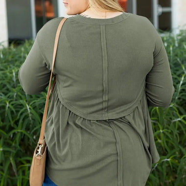 Mist Green Plus Size Thermal Knitted Babydoll Flare Top - Plus Size/Plus Size Tops/Plus Size Long Sleeve Tops