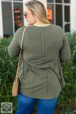 Mist Green Plus Size Thermal Knitted Babydoll Flare Top - Plus Size/Plus Size Tops/Plus Size Long Sleeve Tops