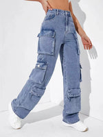 Multi-Bag Denim Wide Leg Overalls - QH Clothing