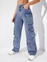 Multi-Bag Denim Wide Leg Overalls - QH Clothing