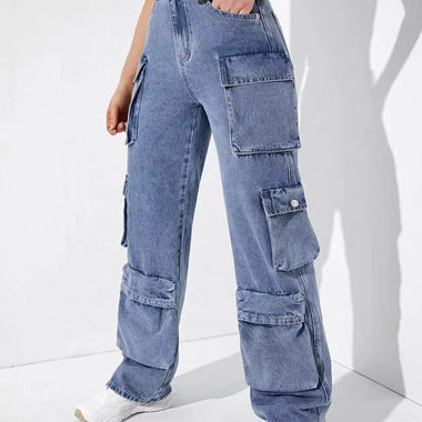 Multi-Bag Denim Wide Leg Overalls - QH Clothing