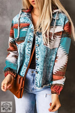 Multicolor Aztec Print Frayed Hem Denim Jacket - Outerwear/Denim jackets