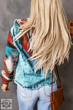 Multicolor Aztec Print Frayed Hem Denim Jacket - Outerwear/Denim jackets