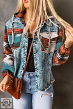 Multicolor Aztec Print Frayed Hem Denim Jacket - Multicolor / S / 75% Cotton + 25% Polyester - Outerwear/Denim jackets