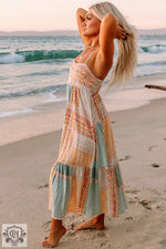 Multicolor Boho Patchwork Print Square Neck Sundress - Dresses/Maxi Dresses