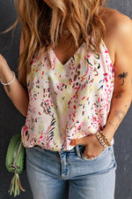 Multicolor Floral Print Spaghetti Straps Tank Top with sizes bust hem paired with blue jeans