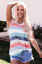 Multicolor Sequin Pocket Patchwork Striped Tank Top with hem width elasticity and sizes bust hem