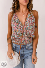 Multicolor Wrapped V Neck Floral Tank Crop Top - Tops/Crop Tops