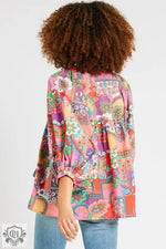 Colorful Multicolour Boho Floral Blouse with flowy silhouette and three-quarter sleeves in Euro sizes