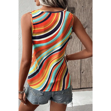 Multicolour Wavy Striped Buttoned V Neck Tank Top - Tops/Tank Tops