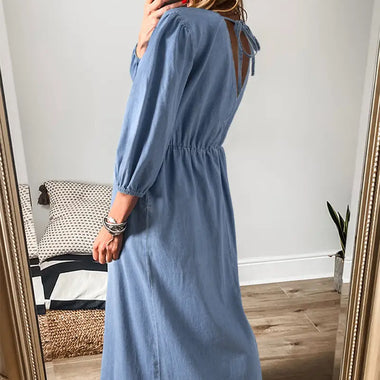 Myosotis Chambray Deep V Neck Bracelet Sleeve Maxi Dress - Dresses/Maxi Dresses