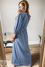 Myosotis Chambray Deep V Neck Bracelet Sleeve Maxi Dress - Dresses/Maxi Dresses