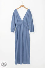 Myosotis Chambray Deep V Neck Bracelet Sleeve Maxi Dress - Dresses/Maxi Dresses