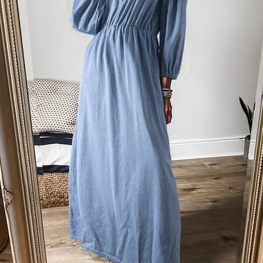 Myosotis Chambray Deep V Neck Bracelet Sleeve Maxi Dress - Myosotis / S / 100% Cotton - Dresses/Maxi Dresses