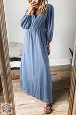 Myosotis Chambray Deep V Neck Bracelet Sleeve Maxi Dress - Myosotis / S / 100% Cotton - Dresses/Maxi Dresses