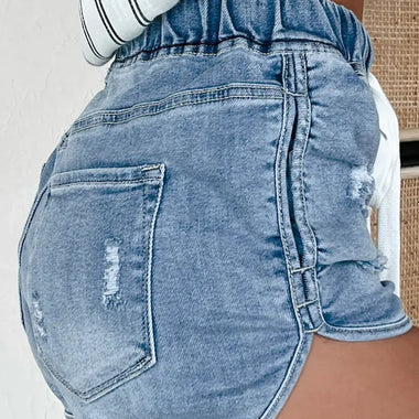 Myosotis Drawstring High Waist Distressed Denim Shorts - Bottoms/Denim Shorts