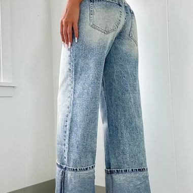 Wide-leg cuffed denim jeans in medium wash from Myosotis for a relaxed fit