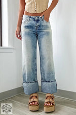 Wide-leg cuffed acid-wash Myosotis High Rise Button Zip Fly Medium Wash Jeans