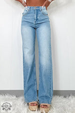 Light wash, wide-leg Myosotis High Rise Shift Slit Leg Straight Jeans for relaxed style