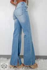 Light-wash denim high rise split-hem flare jeans from Myosotis for a relaxed style