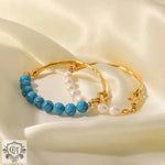 Natural Pearl/Blue Turquoise Light Luxury Vintage 18K Gold Inlaid Bracelet -  QH Clothing