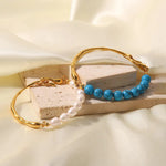 Natural Pearl/Blue Turquoise Light Luxury Vintage 18K Gold Inlaid Bracelet -  QH Clothing