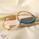 Natural Pearl/Blue Turquoise Light Luxury Vintage 18K Gold Inlaid Bracelet -  QH Clothing