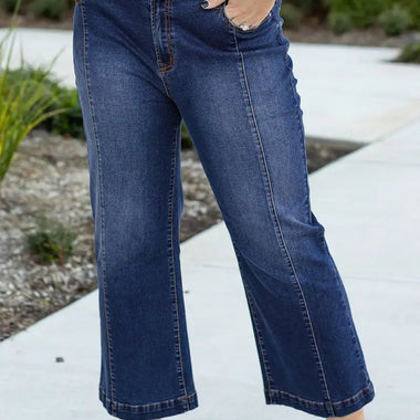 Navy Blue Plus Size Seamed Wide Leg High Waist Jeans - Navy Blue / 1X / 71% Cotton + 27.5% Polyester + 1.5% Elastane