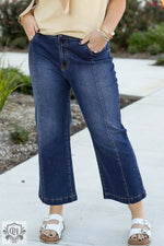 Navy Blue Plus Size Seamed Wide Leg High Waist Jeans - Navy Blue / 1X / 71% Cotton + 27.5% Polyester + 1.5% Elastane