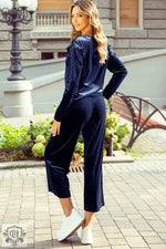 Navy Blue Solid Velvet Ruffled Two Piece Pants Set - Two Piece Sets/Pant Sets