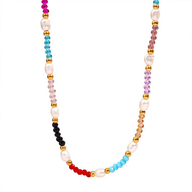 18K gold simple and elegant gemstone and pearl bead design necklace - QH Clothing