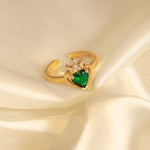 18K gold noble and atmospheric hollow love inlaid gemstone and zircon open design ring - QH Clothing