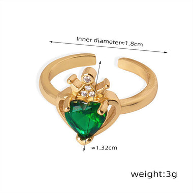 18K gold noble and atmospheric hollow love inlaid gemstone and zircon open design ring - QH Clothing