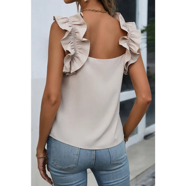 Oatmeal Solid Ruffle Trim Sleeveless Top - Tops/Tank Tops