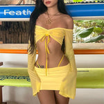 Off Shoulder Flare Sleeve Top & Short Skirt - S / Yellow - Clothing