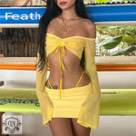 Off Shoulder Flare Sleeve Top & Short Skirt - S / Yellow - Clothing