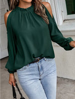 Autumn Winter Women Solid Color Lotus Leaf Round Neck Long Sleeve Pleated Off Shoulder Blouse - Quality Home Clothing| Beauty