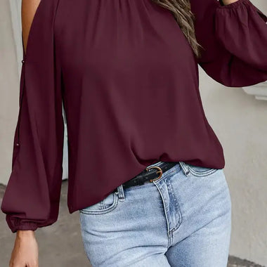 Autumn Winter Women Solid Color Lotus Leaf Round Neck Long Sleeve Pleated Off Shoulder Blouse - Quality Home Clothing| Beauty