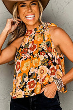 Sleeveless orange floral blouse with knotted halter neck and size bust hem width options