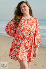 Orange Floral Print Split V Neck Bubble Sleeve Plus Size Midi Dress for relaxed style