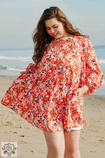 Orange Floral Print Split V Neck Bubble Sleeve Plus Size Midi Dress for Relax Relax style