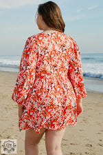 Orange Floral Print Split V Neck Bubble Sleeve Plus Size Midi Dress - Plus Size/Plus Size Dresses/Plus Size Midi Dresses