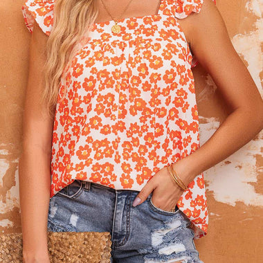 Orange Floral Print Square Neck Ruffle Tank Top with distressed denim shorts, perfect for summer