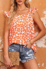 Orange Floral Print Square Neck Ruffle Tank Top with distressed denim shorts, perfect for summer