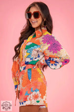 Vibrant floral print jacket with blooms in Orange Floral Printed Shirt Two Piece Set