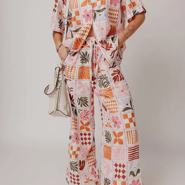 Floral patchwork pajama set in Orange Plant Checkered Print for ultimate relaxation